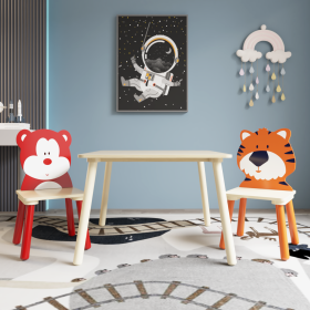 3 Pieces Kids Table and Chair Set , Kids Wood Table with 2 Chairs Set Cartoon Animals (Bear&Tiger)